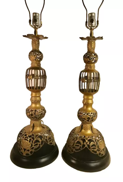 PAIR Large Japanese Brass Shokudai Temple Candle Holders Converted to Lamps 37”