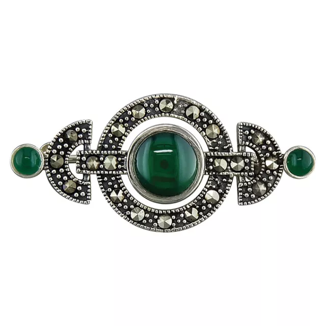 Sterling Silver Art Deco Brooch Real Green Agate and Marcasite 925 Hallmark 2