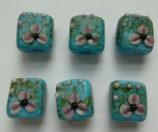6  Handmade Glass Lampwork Beads, Blue/Pink Floral. Jewellery Making/Crafts