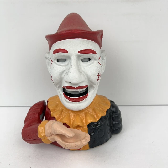 CLOWN JESTER HUMPTY Dumpty Cast Iron Mechanical Coin Bank Made In