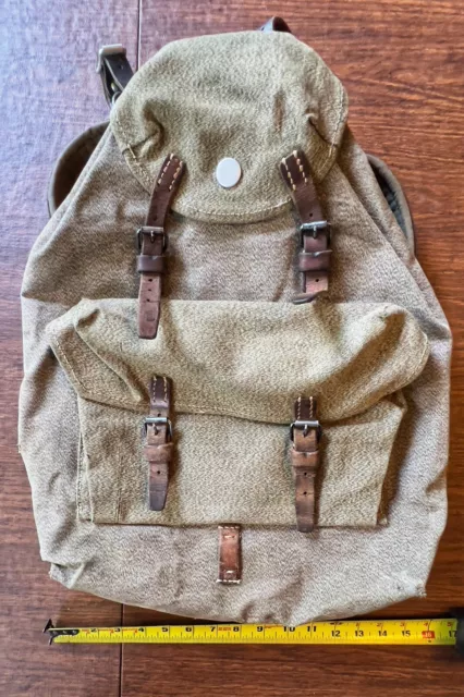 Vintage Swiss Army Military Backpack Rucksack Salt and Pepper Canvas & Leather