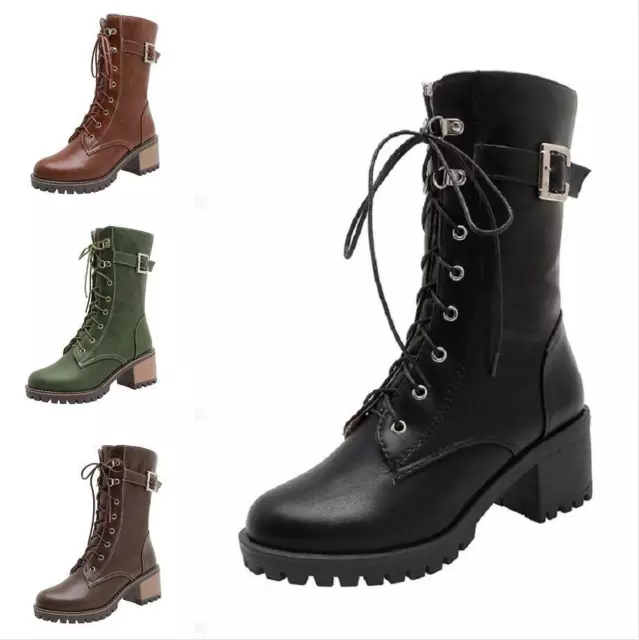 Womens Chunky High Heels Lace Up Round Toe Combat Punk Fashion Ankle Boots Shoes
