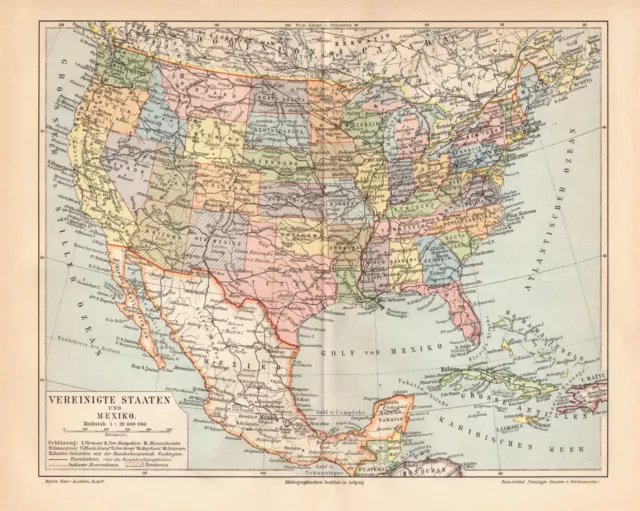 Vereinigte Staaten und Mexiko historische Landkarte Lithographie ca. 1908 antik