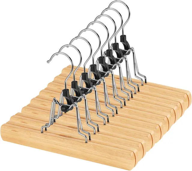 12 Pack Wooden Pants Hangers with Clips Non Slip Skirt Hangers Trouser Natural