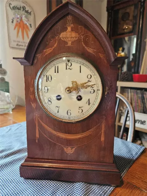French Edwardian Gothic Walnut Mantle Clock with Inlay