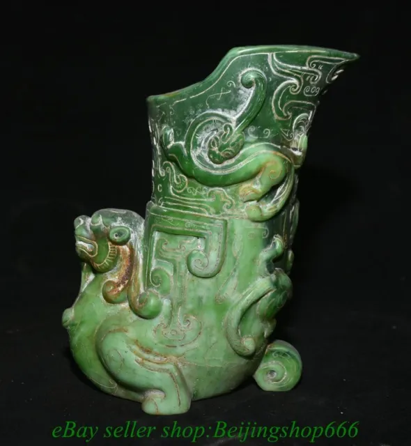 8" Chinese Natural Green Jade Carving Dragon pixiu Beast Cup Statue