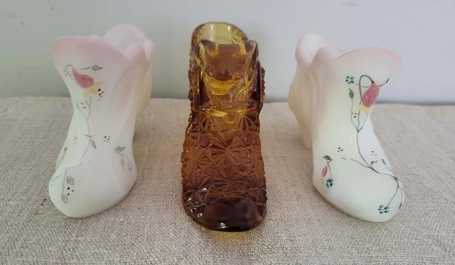Lot of 3 Vintage Fenton White Burmese Satin Glass Shoe Signed & Amber Hobnail
