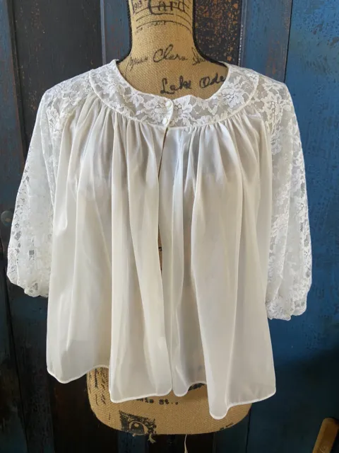 VINTAGE VANITY FAIR Bed Jacket Nylon Lace Romantic Fairy Core White Sz ...