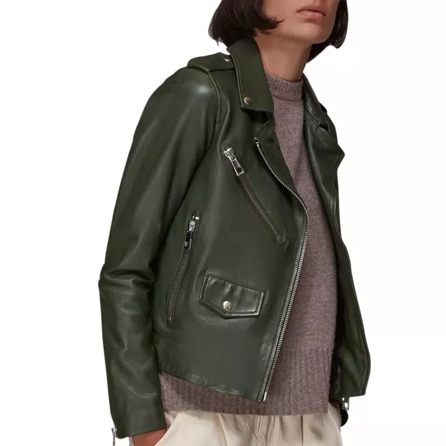 100% Women's Dark Green Genuine Soft Lambskin Leather Women Moto Biker Jacket CA