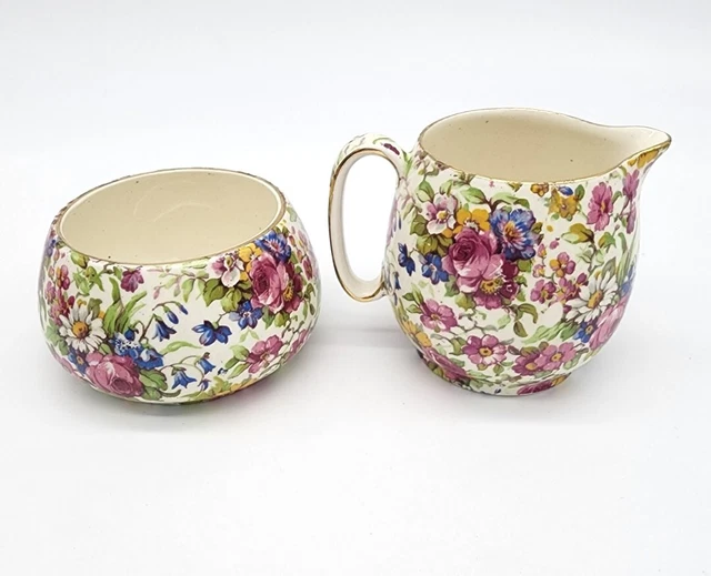 Vintage Royal Winton Summertime Chintz Creamer and Open Sugar Bowl 3