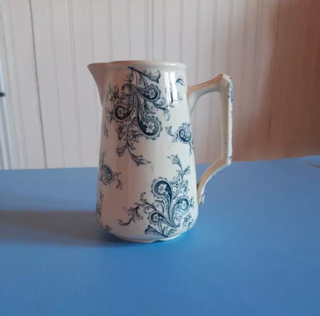 Vintage French ironstone pottery pitcher - blue floral pattern - K&G Luneville