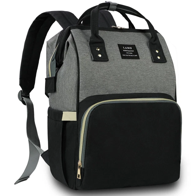 LAND Mummy Baby Diaper Bag Backpack Large Maternity Nappy Handbag Black Gray