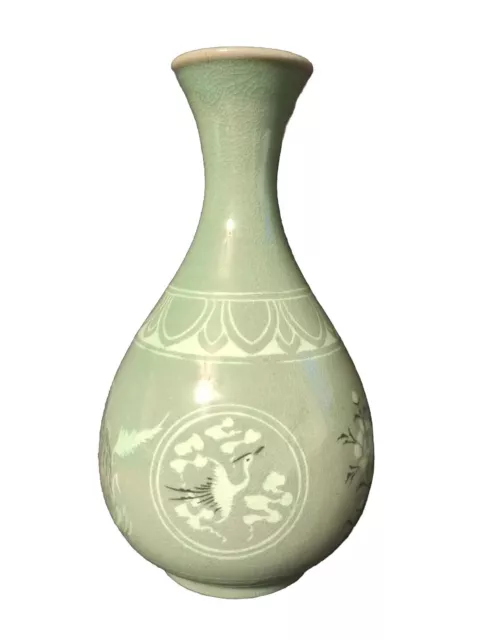 Vintage Celadon Vase Crane And Flowers Porcelain Jar Korean Crackle Glaze Signed