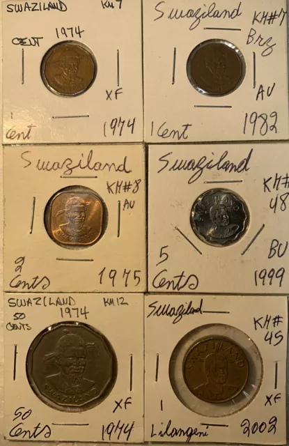 Swaziland 1974 - 2002 One 1, 2, 5, 50 Cents & 1 Lilangeni XF - BU 6 Coin Lot