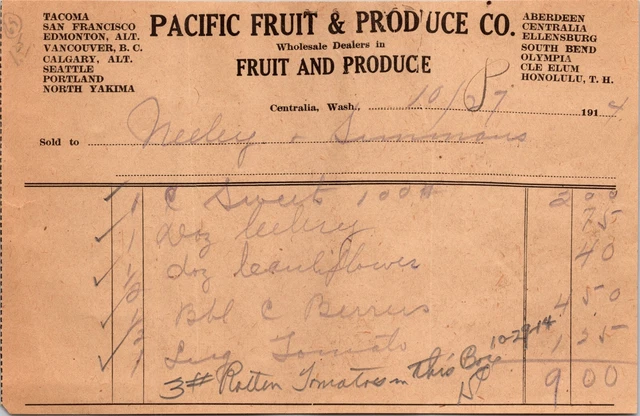 Pacific Fruit & Produce Co Centrailia WA 1914 Billhead
