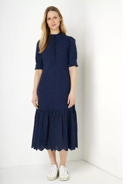 Wyse Fabienne Navy Blue Broderie Anglais Tiered Midi dress - Size 0 (UK 6)