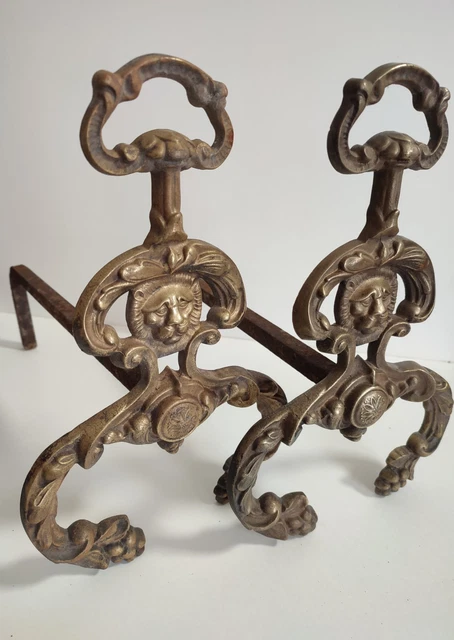 Paire De Chenets En Bronze à Tête De Lion - Cheminée - Bon état
