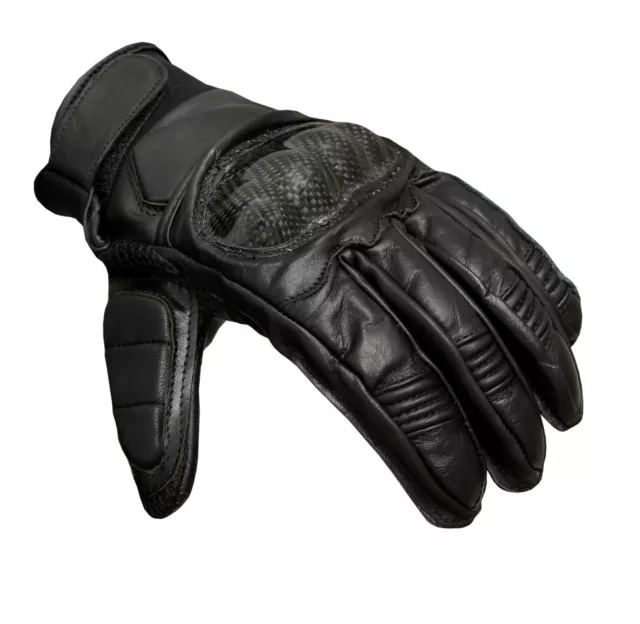 Negro Cuero Moto Motocicleta Corto SPORTS Guantes de Moto Nudillos de Carbono