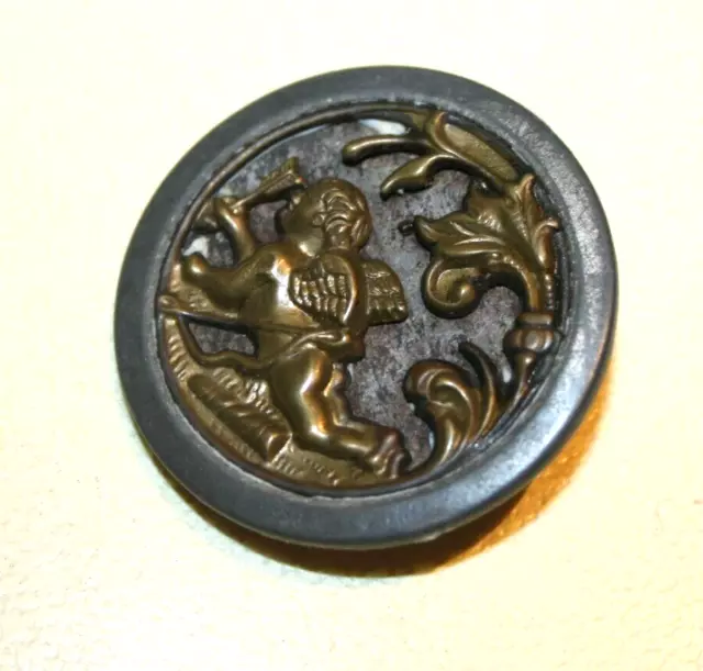 Large Antique Victorian "Cupid at Rest" Picture Button Brass Metal 3