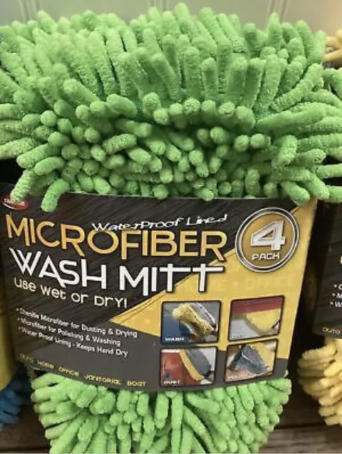 4xMicrofibre Wash Mitt Cleaning Waterproof Lined Use Wet or Dry Car Noodle Green