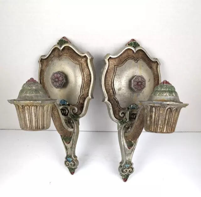 Pair Antique 1920s Riddle Art Deco Downward Electric Light Wall Sconces Original