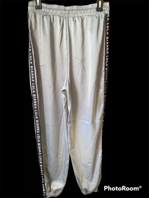 LOLA BIANKA SILVER Satin Tracksuit Bottoms Size XL NWOT 14.34