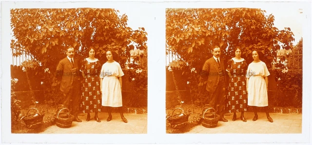 FRANCE Family Garden Photo c1920 Glass Plate K4n2 Stereo Vintage