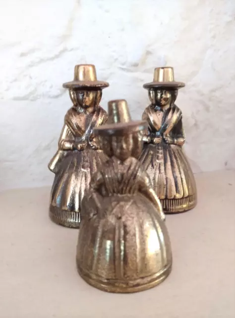 SET OF THREE BRASS LADY BELLS: WELSH WOMEN w INDIVIDUAL FACES, c 1890