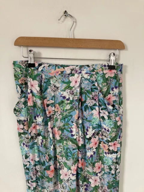 Zara Woman Trousers Size Medium Green Floral Pockets Summer Elasticated W30 L27 2