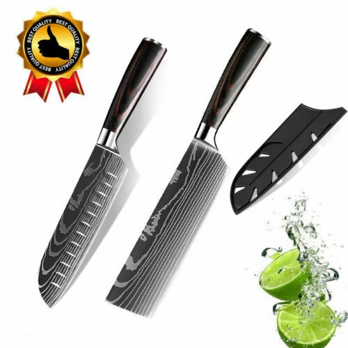 2 Stück Küchenmesser Set Edelstahl Damaskus Muster Chef Cleaver Bestes Geschenk