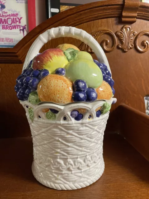 Fruit Basket Ceramic Cookie Jar by International Art Apples Grapes Pears Oranges