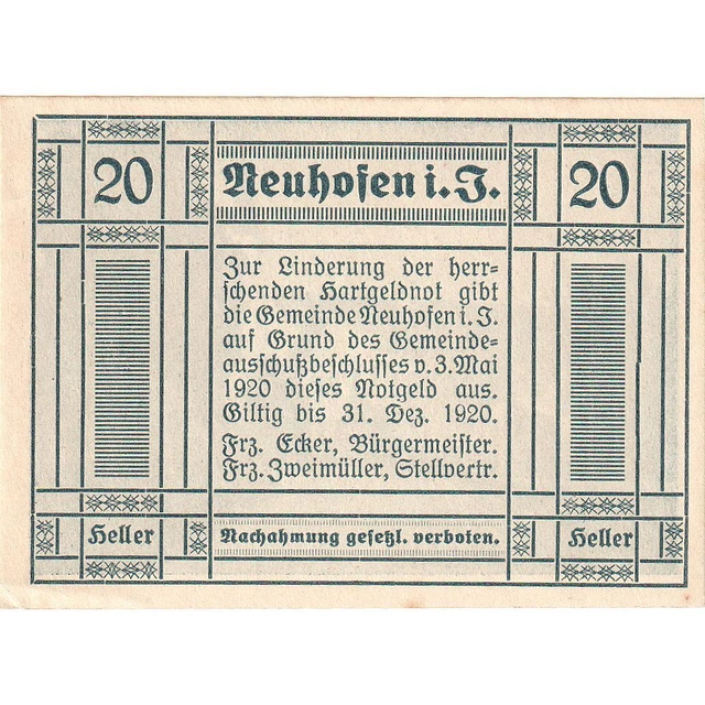 [#287894] Austria, Neuhofen, 20 Heller, Eglise, 1920, 1920-12-31, UNC, Mehl:FS 6