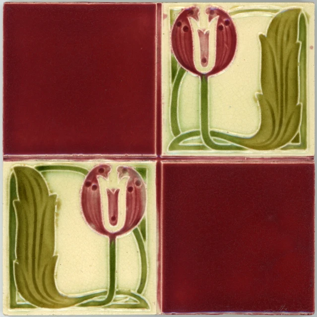 10 Piece ART NOUVEAU TILES ENGLAND Majolica TULIP & LEAF Fireplace Backsplash 6"