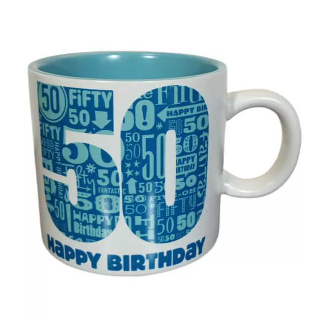 Hallmark Stoneware Happy 50th Birthday Coffee Mug Cup Blue Teal White Birthday