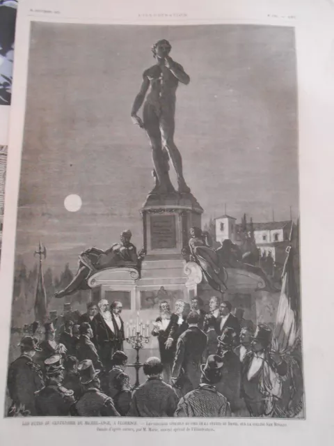 Gravure 1875 - Fêtes du centenaire de Michel Ange à Florence au pied statue