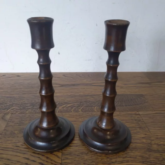 Wooden Candlesticks Vintage Pair Brown Decorative Turned