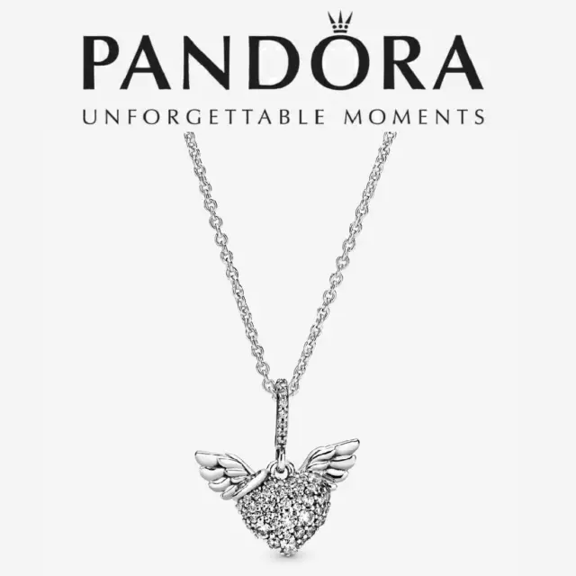Pandora Pavé Heart & Angel Wings Necklace - Silver/Pink • Price »
