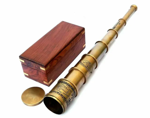 20" Antique Style Brass Spyglass Scope Telescope With Wooden Box Victorian Gift