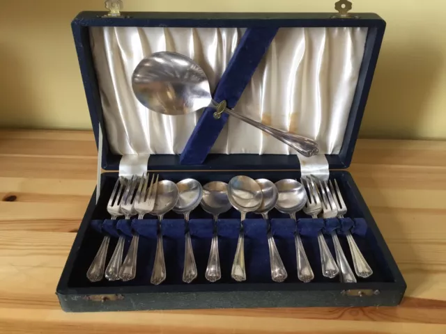 Vintage Set of Dessert Spoons & Forks & Server EPNS JL Ltd. In Presentation Case