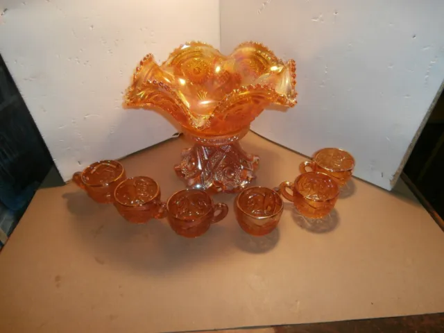 1920's Marigold Carnival imperial glass Hobstar & Flower, pedestal  set