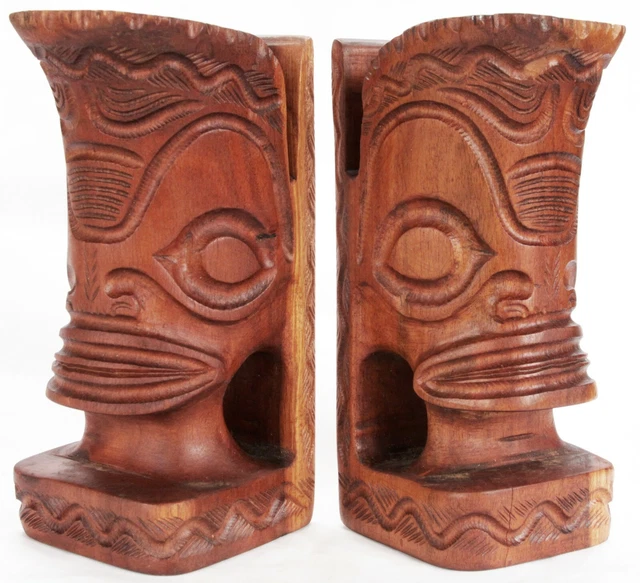 Vintage Hand Carved Wooden Maquesas Tiki Bookends Marquesian Wood Polynesian