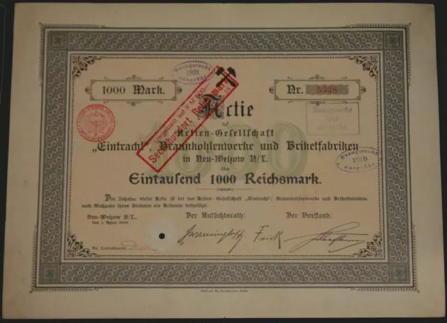 Actien-Gesellschaft "Eintracht"  Braunkohlenwerke und Briketfabriken 1909 1000 M