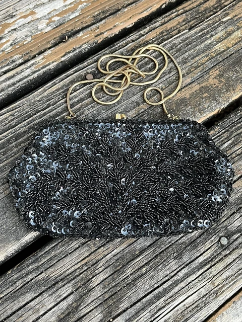 Carolyn Barton Night Black Beaded Sequin Purse Evening Bag Gold Chain Vtg 80s