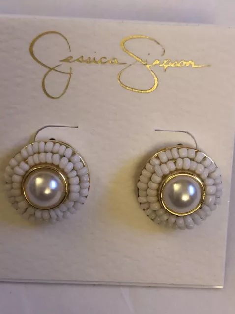 Jessica Simpson Gold Tone Faux Pearl With Surrounding White Beads Stud Earrings