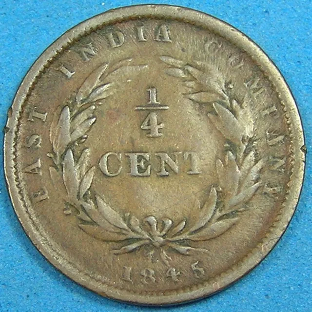 1845 Straits Settlements East India Company 1/4 Cent Copper Coin KM-1