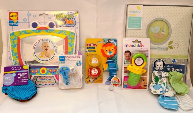 New Baby Shower Boys Gifts Bundle Book Pacifier Bath Mirror Feeder Mittens 8 Pcs