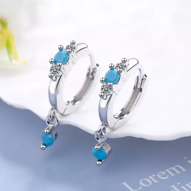 Blue Turquoise Crystal 925 Sterling Silver Hoop Huggie Earrings Women Ear Buckle