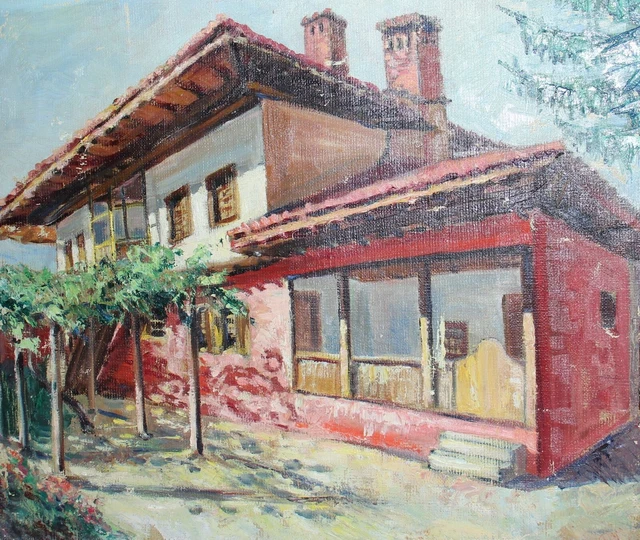 Vintage oil painting old country house with vine trellis porch landscape