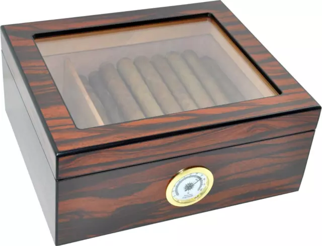 Cigar Humidor Large Cedar Wood Desktop Tempered Glasstop Humidifier 50 Cigars