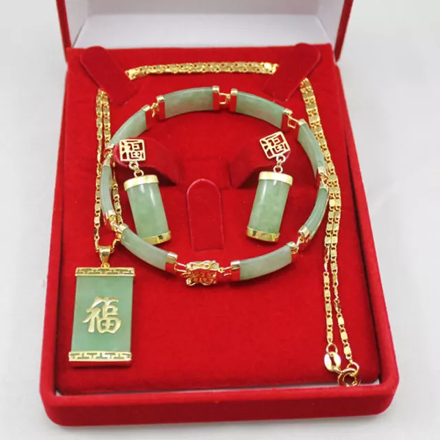 18K Gold Plated Green Jade Bracelet Earrings Necklace Pendant Women Jewelry Set